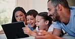 Tablet, funny family and selfie on bed in home for photo, social media or bonding together for memory. Technology, happy kids and parents with picture in bedroom online or laughing at meme to relax