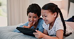 Tablet, smile and kids on bed in home, learning or watch funny cartoon of family bonding together. Technology, happy children and siblings in bedroom on internet for app, scroll and game to relax