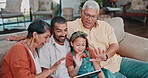 Family, tablet and wave on sofa with video call for communication, networking and relax in home Happy, people and smile in living room with tech for virtual greeting, conversation or talking together