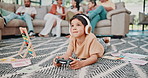 Boy, child and video games with headphones in home on floor with console, fun and happiness in living room. Gaming, family and kid with controller for entertainment, online streaming and esports