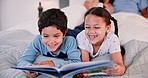 Boy, girl and book to read together for bonding or growth development, education and learning. Children, parents and lay on bed with story for bedtime or literature, storytelling and language skills.