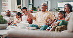 Home, sofa and family relax watching tv, movies or streaming video in Mexico. Parents, children and grandparents pointing to television on couch together in house with happiness from comedy or film