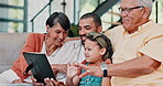 Family, tablet and video call in living room as generations and smile for happiness, social media and internet. People, seniors and father together with daughter in lounge with grandparents to relax