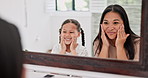 Woman, girl kid and skincare in mirror with family at home for cosmetic care, cream on face and bonding with happiness. Lotion on skin, love with mother and daughter for dermatology and facial mask