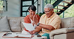 Senior couple, high five and paperwork in home with talk, reading or cheers for finance, budget or savings. People, old woman and elderly man with success, retirement income or profit for investment
