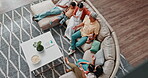 Family, relax and conversation on sofa in living room of home from above for bonding or visit. Grandparents, parents and children talking in apartment together for love, holiday break or vacation