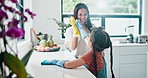 Woman, child and gloves to wipe, kitchen and counter for clean, health and safety in family home. Mother, girl and ppe to learn life skills, prevent bacteria and disinfect for bonding together