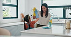 Mother, child and high five for cleaning home or learning responsibility for housework, hygiene or teaching. Woman, daughter and celebrate for bacteria washing in kitchen for dirt, germs or gloves