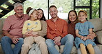 Grandparents, mother and father with children in living room, happy and excited for family picture on couch. People, men and women with kids on sofa for relax, bonding and enjoy together in house
