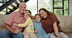 Grandparents, children and happy in lounge, hugging and excited for family picture on couch. People, grandmother and grandfather with young girls on sofa to relax, bonding and enjoy together in house