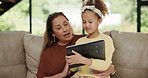 Child, grandmother or tablet on gaming, app or technology as browse, play or elearning on sofa. Girl, elderly woman or touch screen to smile, read or relax as fun, bonding or together in home