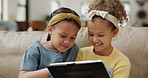 Girls, tablet or fun on gaming, app or technology as elearning, streaming or bonding together. Sisters, friends or children on touch screen to play, browse or relax on online video or game on sofa