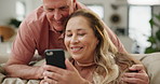 Home, relax and old couple with smartphone, typing and connection with help and social media in a lounge. Apartment, senior man or mature woman with cellphone or internet with digital app or teaching