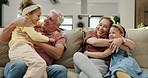 Grandparents, children and happy in living room, hugging and excited family on couch. Kids, mature man and woman on sofa for relaxing, resting and enjoying with grandkids on weekend in home or house