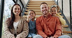 House keys, face and happy family on stairs with love, security and investment success in new home. Real estate, mortgage and portrait of excited kids with parents in property, rental or relocation