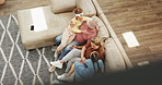 Grandparents, children and hug on sofa with happiness for bonding, relax and top view in living room of home. Family, senior couple and kids with embrace on couch of lounge with talking, love or care