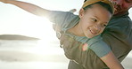 Face, airplane and kid on beach with father for summer vacation in Mexico, fun and freedom in nature. Parent, daughter and travel for ocean holiday, adventure and love with happiness and lensflare.