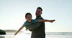 Face, airplane and girl on beach with father for summer vacation in Mexico, fun and freedom in nature. Parent, daughter and travel for ocean holiday, adventure and love with happiness and bonding.