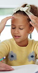 Child, confused and learning for education, homework and  development with young girl. Learner, study and school work with eyes closed, thinking of idea and student with class project or assignment