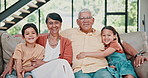 Happy kids, hug or portrait of grandparents on sofa with smile, care or love or support in family home. Elderly grandma, bonding or children siblings on couch with grandfather to relax in retirement