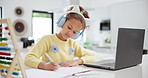 Little girl, abacus and writing with book, headphones or laptop for mathematics, homework or studying. Young female person, child or kid counting with notebook for addition or subtraction at home