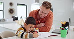 Happy father, child and writing with book for coloring homework, art project or pattern at home. Dad helping young boy, son or little kid with notebook, artwork or childhood development at the house