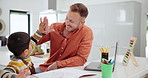 Happy father, child and writing with high five for homework, colorful art or well done at home. Proud dad with young boy, son or little kid on notebook for artwork or childhood development at house