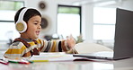 Kid, headphones and laptop with wave for virtual class, elearning and creative development at home. Boy, child and technology with hand gesture for greeting, education and online lesson for knowledge