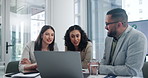 Team, planning and business people on laptop for discussion of strategy in office. Computer, happy group and financial advisor in meeting, cooperation and collaboration for brainstorming together