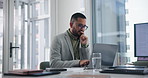 Businessman, laptop and thinking in office, strategy or planning idea at desk. Pensive, technology and brainstorming for professional lawyer, research and thoughtful while reading client report