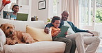 Happy dad, tablet and black kid in home for learning, online education or scroll with dog. African child, father and tech on sofa in living room to relax, talking and parents together with family pet