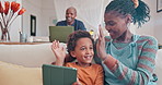 Parent, child and high five with tablet on sofa for homeschool or online assessment and virtual education for learning. Mom, kid and couch with touchscreen for digital literacy and growth development