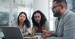 Brainstorming, conversation and teamwork in office with laptop, colleagues and notebook for planning or coworking. Discussion, collaboration and employees or staff working on project with technology