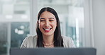 Smile, laptop and business woman in office reading creative research online for project. Happy, laughing and professional female designer working on internet with computer in modern workplace.