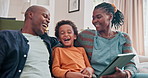 Education, tablet and black family with smile, son and parents relax on sofa of house with internet. Happiness, mother and father with technology for learning of boy with videos from app online