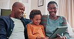 Happiness, smile and black family with tablet, movies and parents relax on sofa of house with videos. Living room, mother and father with technology for streaming with boy, app and internet online