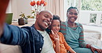 Happiness, selfie and black family with smile in living room, son and parents relax on sofa in home. Social network, portrait and profile picture for mother, father with chid on couch of house