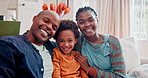 Portrait, smile and black family on couch of living room in house with love for son as parents. Happiness, woman and man with boy to relax in weekend in lounge, quality time and joy in home with kid