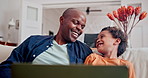 African father, boy and laptop on sofa with laughing, streaming or funny show on internet in lounge. Black man, dad and son with computer for comedy movie, cartoon or bonding with love in family home