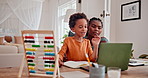 Mother, child and online education on laptop learning for virtual school with abacus for counting, math or notebook. Woman, son and home teaching for student development or study, support or helping