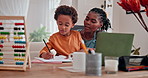 Homework, black family and mother with boy, writing and education with notebook and advice. Parent, apartment and mama with kid or child development with knowledge and learning with guidance or help