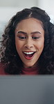 Smile, woman and laptop for win, good news and celebrate wow, achievement and announcement. Winner, excited or computer for happy, communication or surprise for promotion, competition or prize