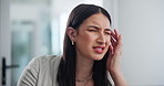 Business, woman and headache in office for burnout or pressure in workplace, overworked and mental strain for workload. Female employee, migraine and tension with stress, exhaustion and overwhelmed.