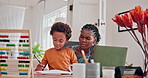 Mother, child and writing learning in home with confusion for homework answer for education, knowledge or lesson. Woman, son and notebook for school work together with support, help or development