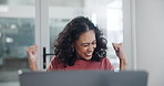 Woman, smile and laptop for success, good news and celebrate wow, crypto trading and investment. Winner, fist pump or computer for happy, communication or surprise for promotion, competition or prize