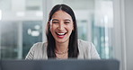 Happy, laptop and business woman in office reading creative research online for project. Smile, laughing and professional female designer working on internet with computer in modern workplace.