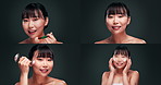 Montage, face and woman to apply makeup for beauty, skincare and cosmetology on black background. Collage, female model and smile for tool, cosmetics and cream for healthy flawless skin in studio