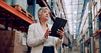 Tablet, warehouse and businesswoman for stock, control and logistics for shipping or delivery. Supply chain, ecommerce and digital checklist for worker, engineer and technology for online shopping