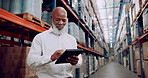 Tablet, warehouse and african manager for stock, control and logistics for shipping or delivery. Supply chain, ecommerce and digital checklist for worker, engineer and technology for online shopping