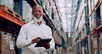 Tablet, logistics and face of man in warehouse checking information for order, stock or boxes. Smile, research and portrait of African male industry worker with digital technology in storage room.